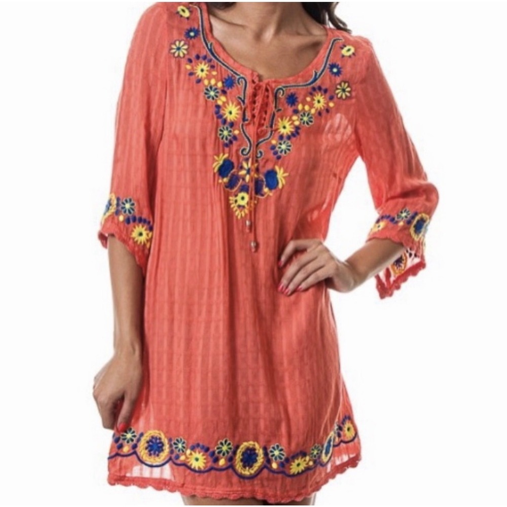 Umgee Women Small Tunic Top Dress Coral Embroidered Boho Crochet Bell Sleeve